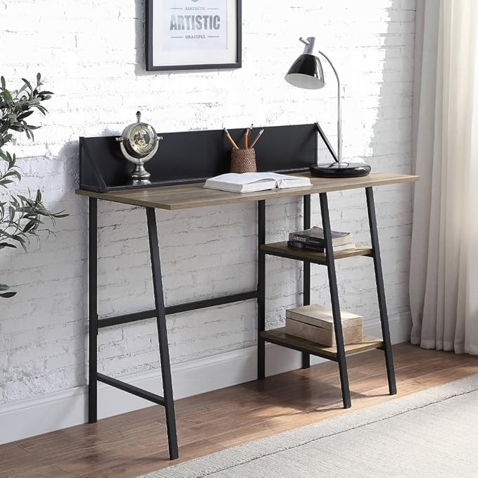 Rustic Oak and Black 2-Shelf Computer Writing Work Study Desk with H-Shaped Base for Study and Home Office