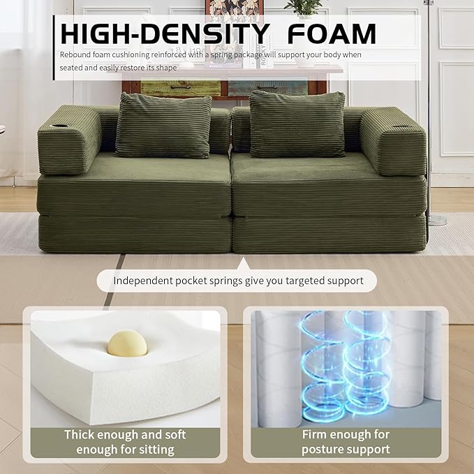 78 Loveseat Sleeper Sofa 4 in 1 Convertible Floor Sofa Bed Boneless Cloud Couch with Cup Holder Fold Out Floor Couch for Living Room Bedroom Lounge Corduroy Olive