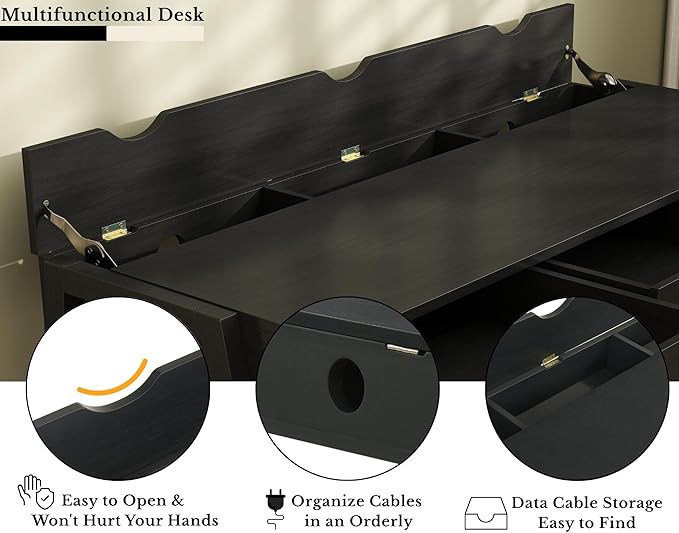 HNY 59 Inches Black Wooden Writing Desk with 3 Drawers Computer Study Table with MDF Top Solid Rubberwood Legs and Hidden Cable Management Holes Corner Makeup Vanity Desk for Home Office Bedroom
