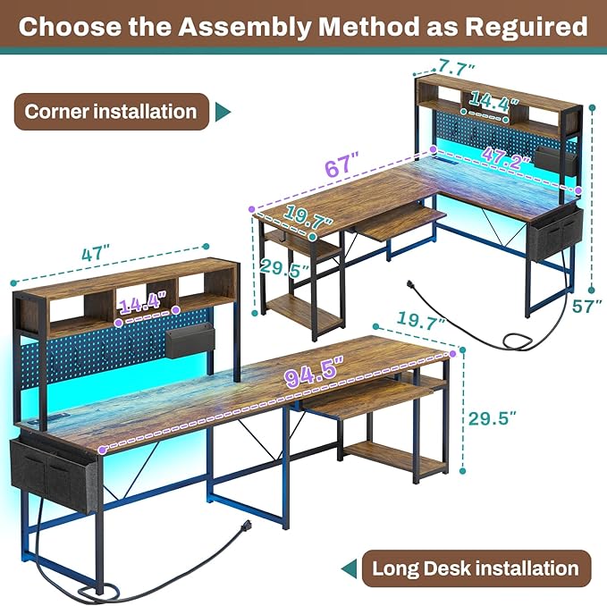 SEDETA L Shaped Computer Desk Reversible Corner Desk with Power Outlet and Pegboard Computer Desk with Led Lights Keyboard Tray Headphone Hook and Storage Shelves Rustic Brown