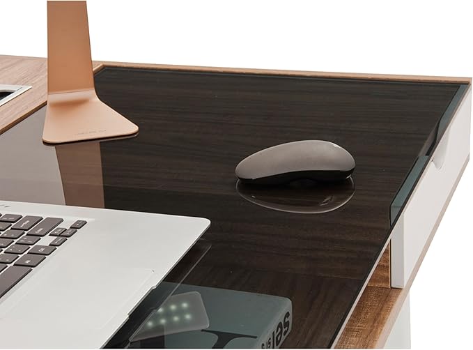 51 Compact Computer Desk with Black Tempered Glass Top Easy-Access Back Storage Compartment 2 Drawers Open Shelf and Cable Management Stylish Home Office Desk with White Steel Frame Walnut