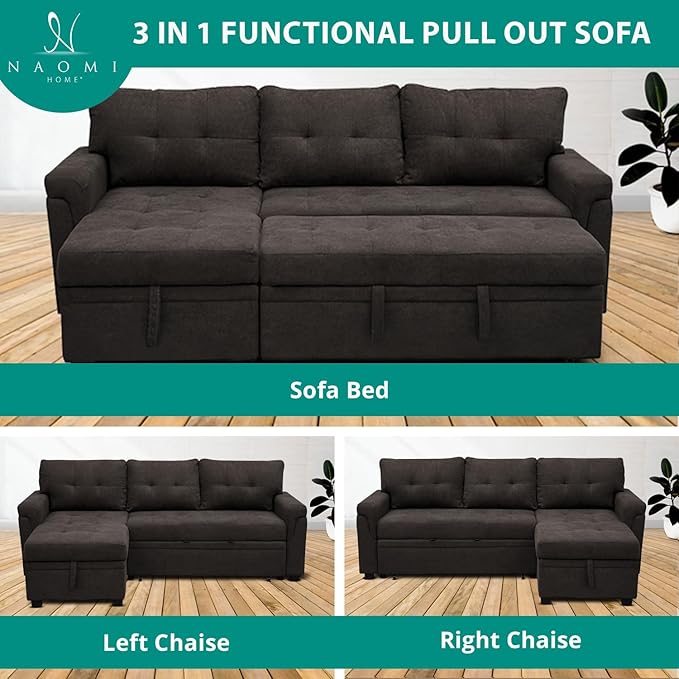 Naomi Home L Shaped Sectional Couch with Storage &amp Pull Out Bed – 3-in-1 Convertible Sleeper Sofa Bed Small L Shape Sofa for Living Room Sofa Bed with Storage Chaise in Espresso Velvet