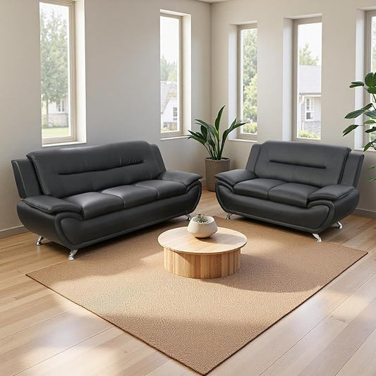 2 Piece Living Room Furniture Set Sectional Sofa Couches Black Leather Sofa Set Modern Sofa Couch Set for Living Room/Bedroom/Office Black#2