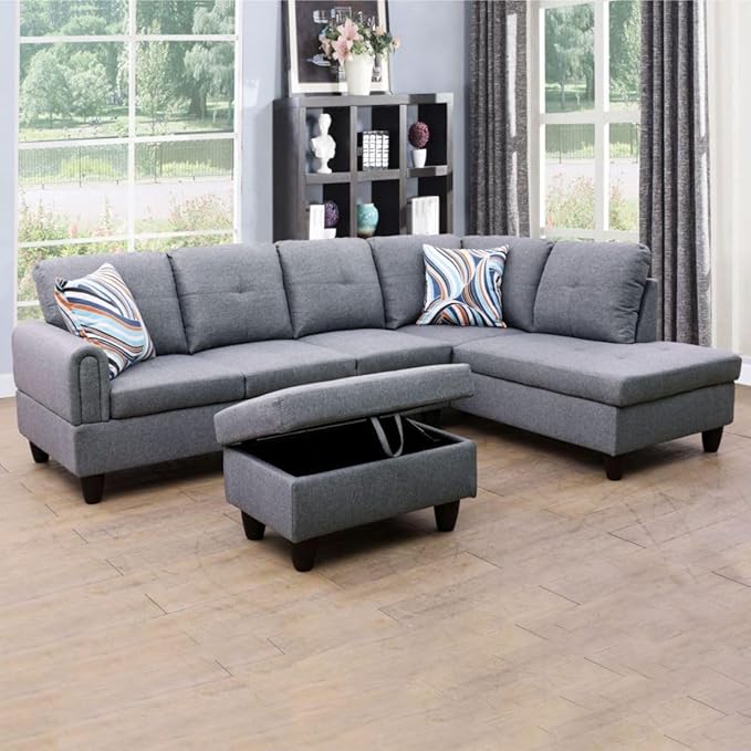 Grey-1 L-Shaped 3-Piece Linen Sofa with Storage Ottoman Set Sectional Couch Sofa Set for Living Room Office Small Space
