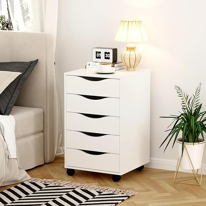 QDSSDECO 5 Drawer Chest Wood File Cabinet Rolling Storage Dresser with Wheels for Home Office White