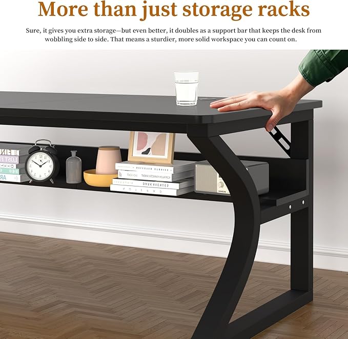 AZN Computer Desk 47 inch Office Desk for Home Office Study Desk with Storage Shelf and Cable Management C-Shaped Sturdy Writing Table for Small Spaces Gaming PC Desk Black