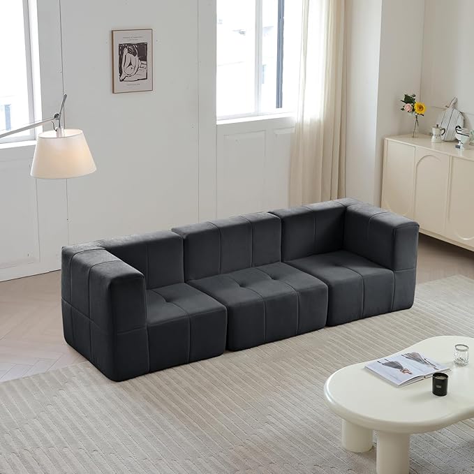 Modular Sectional Sofa Couch Modern Compressed Sofa 3-Seat Foam Couch for Living Room Apartment Studio Office (Black)
