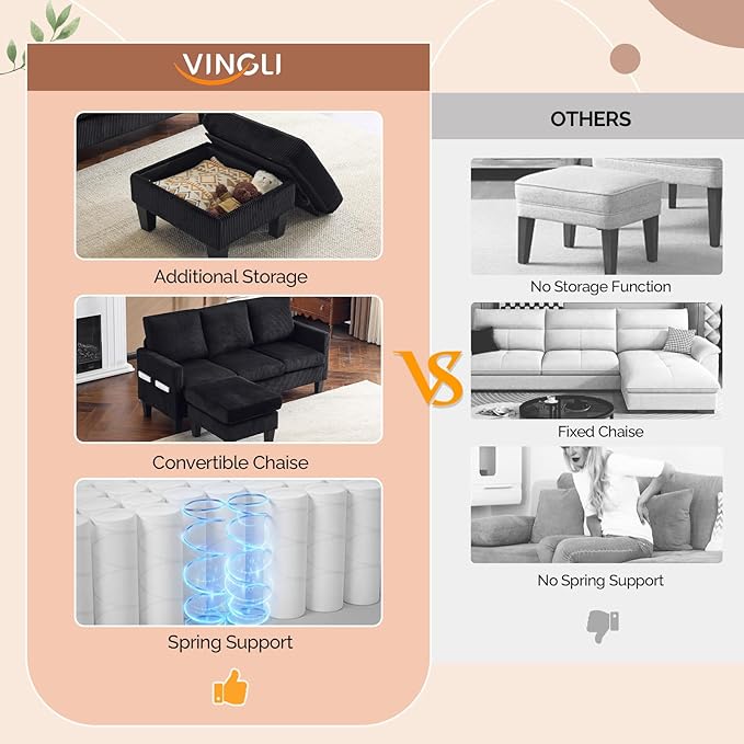 VINGLI 68.5' L Shaped Couch with Movable Storage Convertible Sectional Sofa in Corduroy Fabric Modern Reversible Chaise Couch for Small Spaces Apartment Living RoomBlack