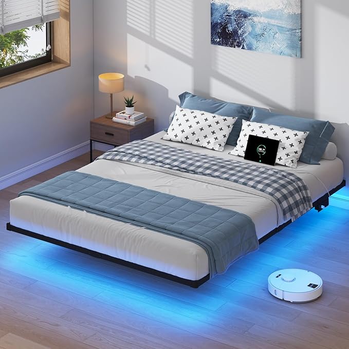 King Size Floating Bed Frame with LED Lights and Charging Station - 10 inch Platform Bed Frame No Box Spring Needed Easy Assembly