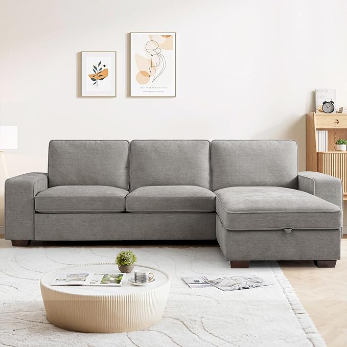 PARKOL 101 L-Shaped Sectional Couch with Storage Sofa with Reversible Chaise USB Type-C Charging Chenille Fabric Removable Cushion Covers for Small Space Apartment Living Room Light Gray