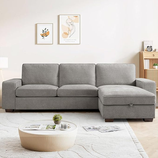 PARKOL 101 L-Shaped Sectional Couch with Storage Sofa with Reversible Chaise USB Type-C Charging Chenille Fabric Removable Cushion Covers for Small Space Apartment Living Room Light Gray