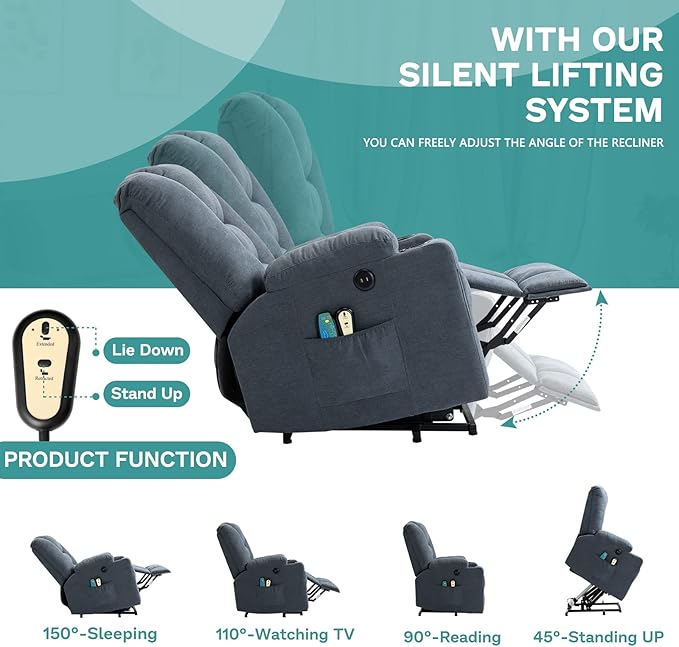MEETWARM Power Lift Chair Electric Recliner for Elderly Heated Vibration Massage Soft Fabric Recliner Chair with 2 Remote Controls USB Ports Cup Holders &amp Side Pockets for Living Room (Gray-Blue