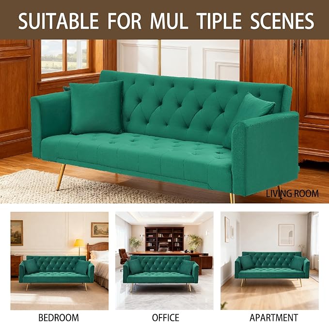 71 Velvet Futon Sofa Bed Convertible Sleeper Couch with 2 Pillows - Modern Loveseat Small Sofa 3-Angle Adjustable Backrest Golden Metal Legs for Living Room Bedroom Apartment Easy Assembly (Green)