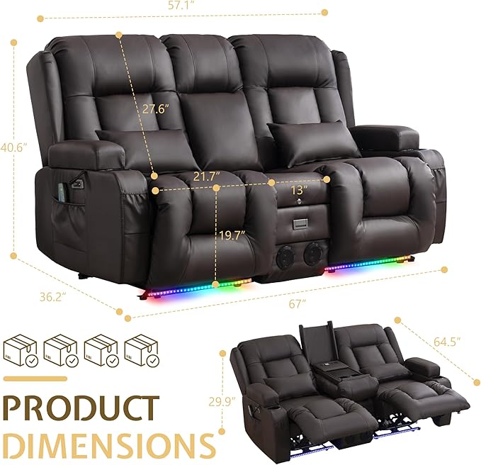 URRED Power Reclining Loveseat Sofa with Console RV Couch Loveseat Recliner Sofa with Massage &amp Heat LED Light Cupholders Bluetooth Speakers USB Charge Ports Outlets Faux Leather Dark Brow