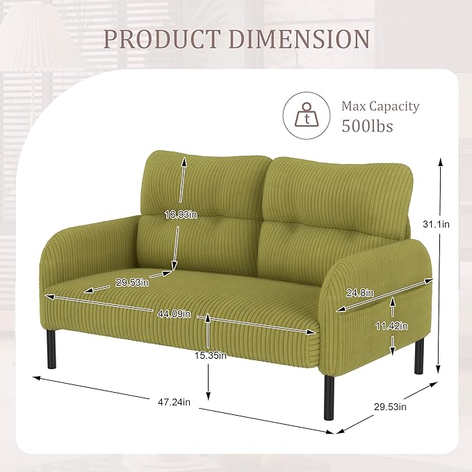 47 Loveseat Sofa Small Couches for Small Spaces Comfy Corduroy Solid Wood Frame Modern Deep Seat 2 Seater Couch with Side Pockets for Bedroom Living Room Apartment Office (Olive Green)