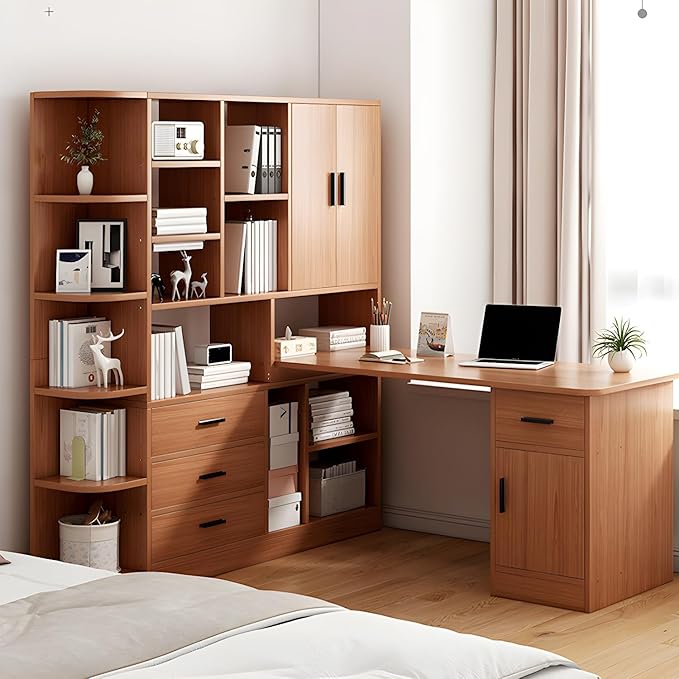 LITFAD Stylish Credenza Desk with Wood Pedestal Base and Exterior Shelving L-Shape Computer Desk Modern Office Desk for Office Home - Without Chairs Brown 47.2 L x 48.4 W x 57.1 H