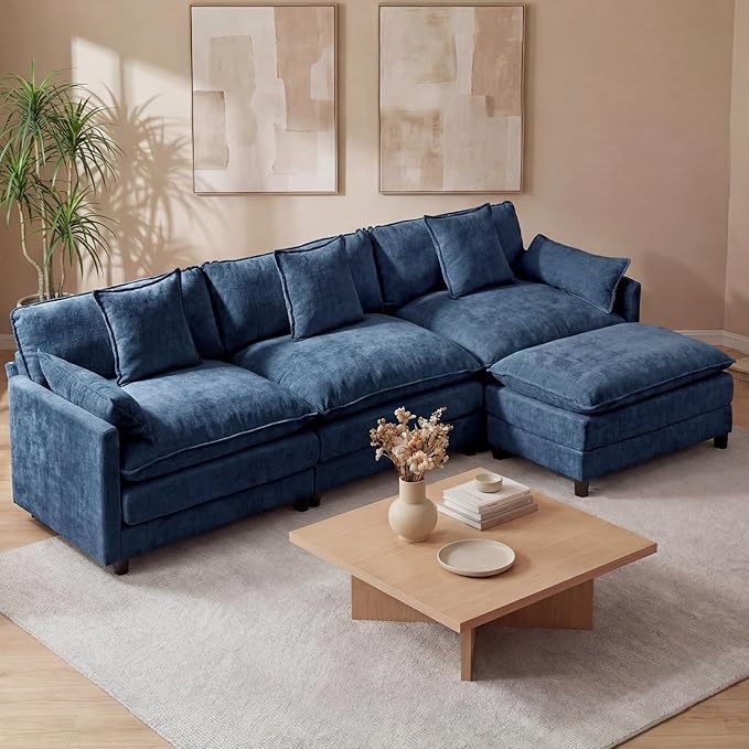 Redlife 108” L-Shaped 3-Seat Modular Sectional Sofa with Ottoman Chenille Upholstered Couch with Spring-Embedded 30D Foam Cushions Removable Covers Easy Assembly Corner Sofa for Living Room Blue