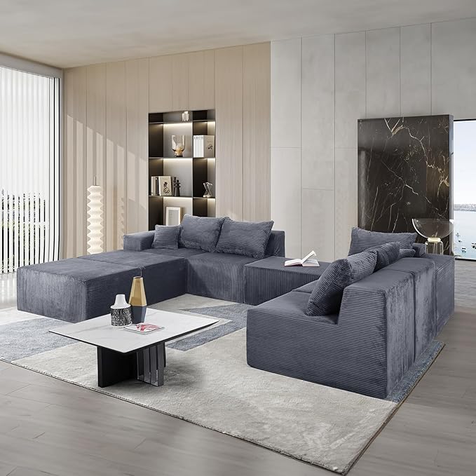155 Oversized Cloud Boneless Couches for Living Room U-Shaped Modular Sectional Sofa with Deep Seat 8 Seater Boneless Couch with Ottoman &amp Pillows Corduroy DIY Combination Modular Couch Grey