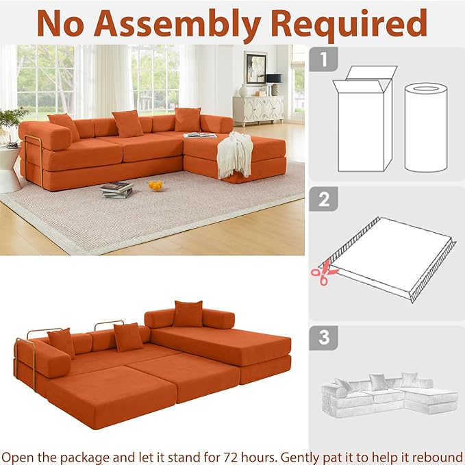 108 Modular Sectional SofaFuton Convertible Sofa BedOversized Corduroy Boneless Couch for Living RoomFloor Loveseat Sleeper with Pull Out BedFree CombinationNo Assembly Required (Orange)