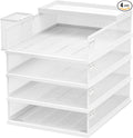 Stackable Letter Trays 4 Tier Metal Paper Tray &amp Desk Organizer Stackable File Trays for Office &amp Home Multi-Functional Document Tray with Fine Grid Design &amp Magnetic LabelsWhite