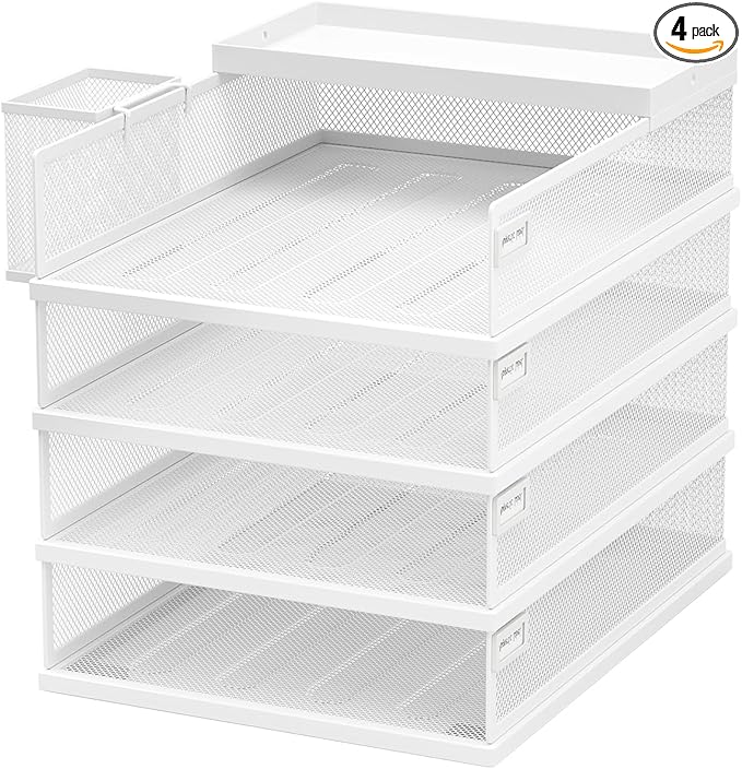 Stackable Letter Trays 4 Tier Metal Paper Tray &amp Desk Organizer Stackable File Trays for Office &amp Home Multi-Functional Document Tray with Fine Grid Design &amp Magnetic LabelsWhite