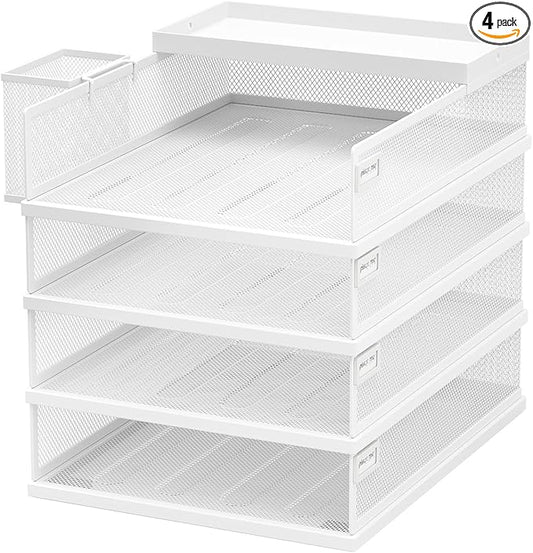 Stackable Letter Trays 4 Tier Metal Paper Tray &amp Desk Organizer Stackable File Trays for Office &amp Home Multi-Functional Document Tray with Fine Grid Design &amp Magnetic LabelsWhite