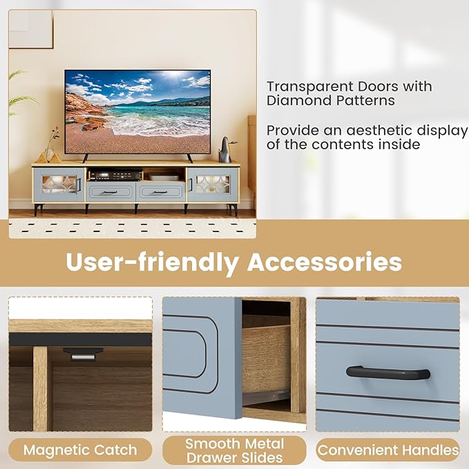 Tangkula Farmhouse TV Stand for TVs up to 80” 71” Entertainment Center with 2 Drawers 2 Cabinets &amp Compartment with 7 Raised Metal Legs Wood Media TV Console Table for Living Room (Bluish Gray