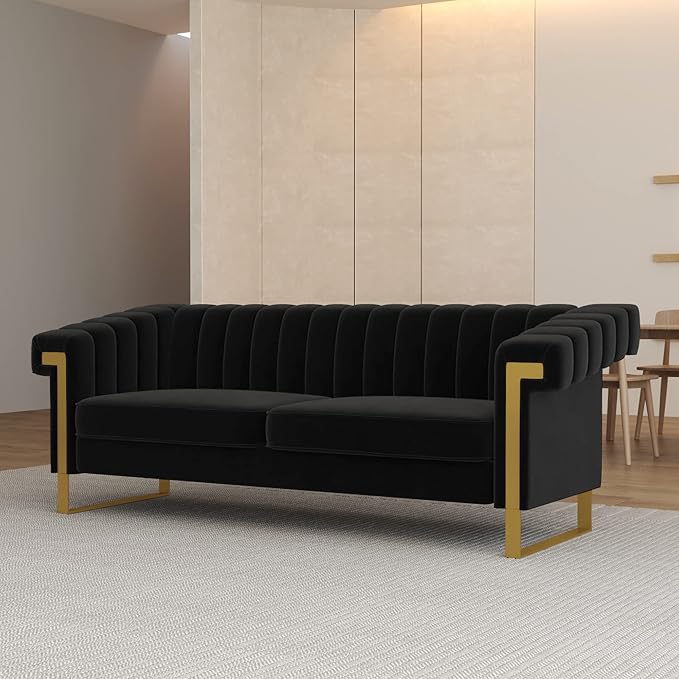 83'' Velvet Couch Sofa Mid-Century Modern Love Seat Chesterfield 3 Seat Couches Sofa for Living Room Apartment (Black)