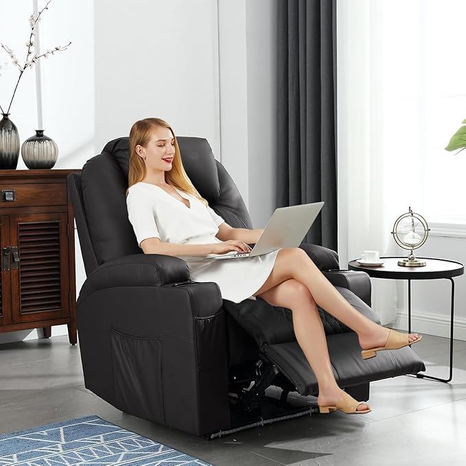 Power Recliner Chair with Heat and Massage PU Leather Home Theater Seating with LED Lights/Cup Holders/Side Pocket/USB Port Reclining Sofa Chair for Living Room (2 Black)
