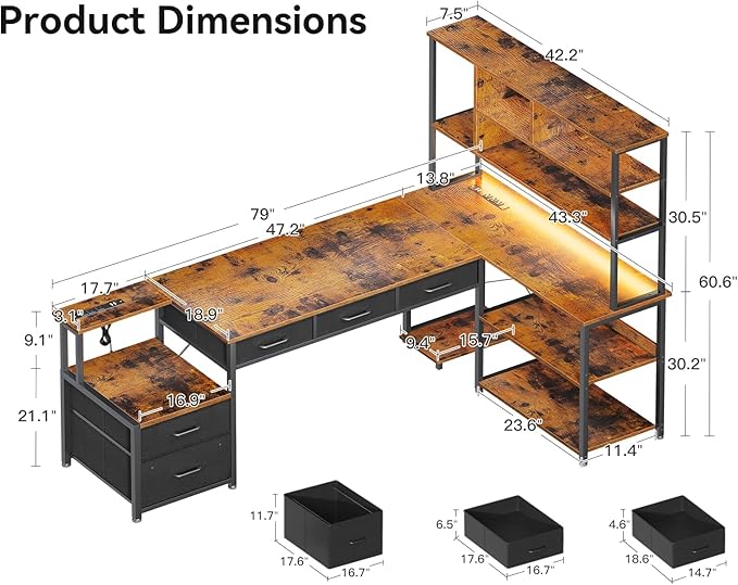 AODK 79 inch L Shaped Desk with 5 Drawers Reversible L Shaped Gaming Desk with LED Light &amp 2 Power Outlets Computer Desk with Storage Shelves for Home Office Vintage