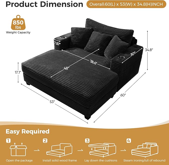 60 Chaise Lounge Indoor Upgraded Oversized Plush Faux Fur Sleeper Sofa Bed w/Pillows &amp Wide Armrests Fluffy Upholstered Reading Chairs Cloud Sofa Couches for Living Room Set of 2Black