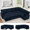 110” Chenille Reversible Sectional Sofa w/Pull Out Bed &amp Storage Chaise U Shaped Couch w/Storage Armrests &amp Cup HoldersCorner Sofa w/USB Charging Port &amp Throw Pillow for Living Room Blu