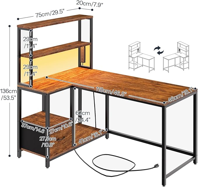 HOOBRO L Shaped Gaming Desk and 5-Tier Bookshelf Bundle with Storage Shelves &amp Drawer Computer Desk with LED Light &amp Power Outlet for Home Office Study Rustic Brown and Black BF18UDDN01-B