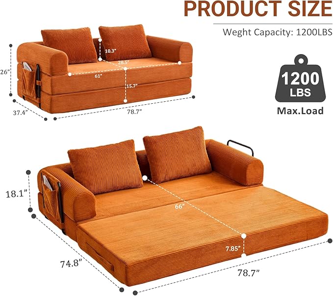 79 Convertible Sofa Bed 5-in-1Boneless Couch for Living Room with 2 Pillows Corduroy Folding Sleeper Sofa Bed Boneless Cloud Loveseat Futon Sofa Bed for Living Room Bedroom Lounge Orange