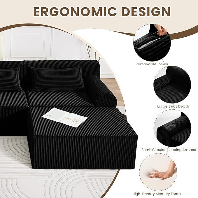 Oversized Boneless Couches for Living Room L Shaped Cloud Couch with Deep Seat Corduroy Sectional Couch with Removable OttomanNo Assembly Required Black
