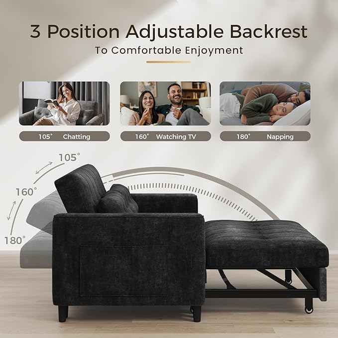 KKL 3 in 1 Convertible Sleeper Sofa Bed Pull Out Couch Bed with Adjustable Backrest Chenille Loveseat Couches with Side Pocket for Living Room Bedroom (Black)