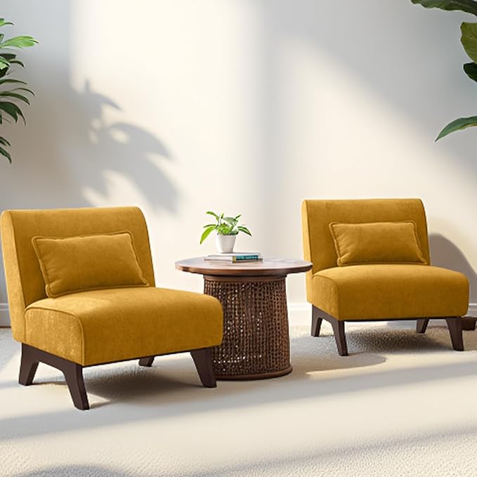 Set of 2 Upholstered Armless Accent ChairModern Comfy Living Room Chairs with Wooden Legs&amp PillowsLounge Sofa Side Chair for Bedroom Farmhouse Reading (Yellow 2 PCS)