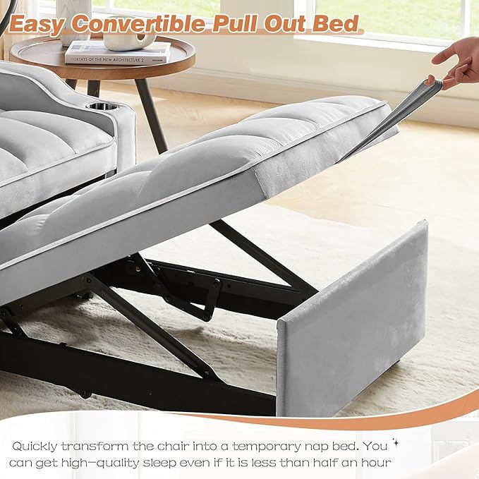 Sleeper Sofa Chair Bed 3 in 1 with Charging Ports Phone Holder &amp Cup Holders - Modern Velvet Convertible Pull Out Single Sofa Bed for Small Spaces Apartment Dorm (Light Gray)