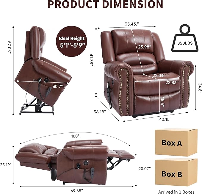 Genuine Leather Power Lift Recliner Chair Lazy Boy Recliner Chair with Charging Ports for Living Room Theater Seating Electric Single Sofa with Round Armrest Red