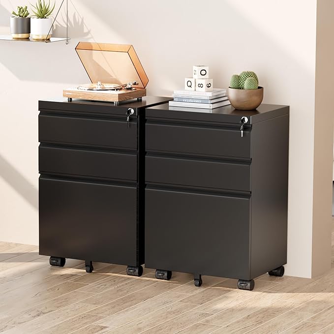 Greenvelly 3 Drawer Mobile File Cabinet with Lock Metal Filing Cabinet on Wheels Under Desk File Cabinet for Home Office Organizer Letter/Legal/A4 File (Assembly Required Black)