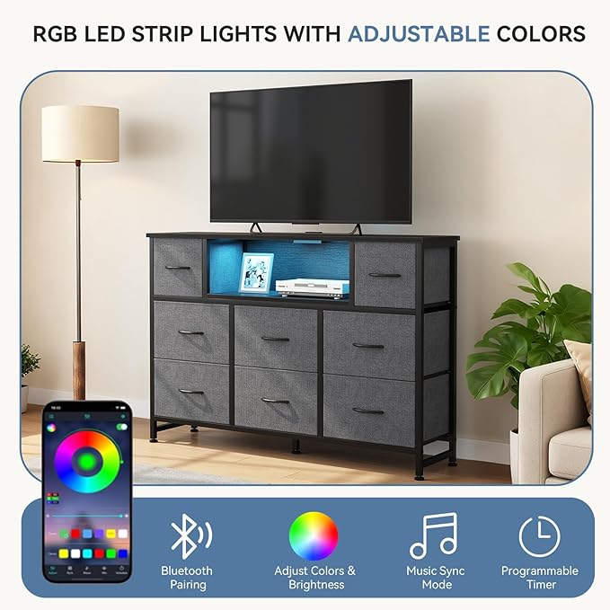 DUMOS TV Stand Dresser with 8 Fabric Drawers and Open Shelves LED Entertainment Center with Charging Station Wood Top Media Console for 45-55 inch Bedroom Grey