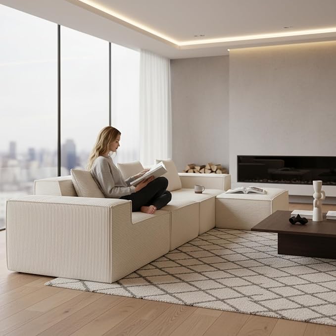 Harper Convertible Corduroy Sectional Couch with Ottoman &amp Pillows Modular L Shaped Sleeper Sofa Boneless Cloud Couch for Living Room Furniture Beige