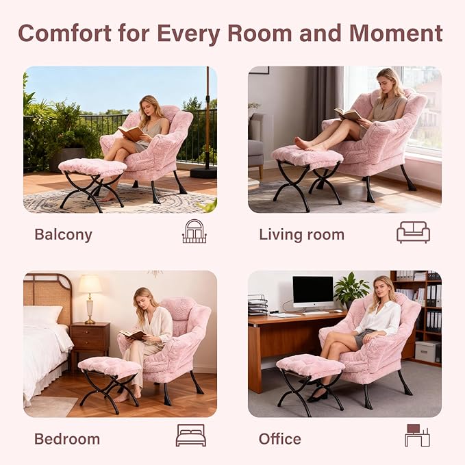 Lazy Chair with Ottoman Modern Accent Chair Lounge Leisure Sofa Chair with Armrests Reading Chair and Folding Footstool for Living Room Bedroom Office Plush Pink