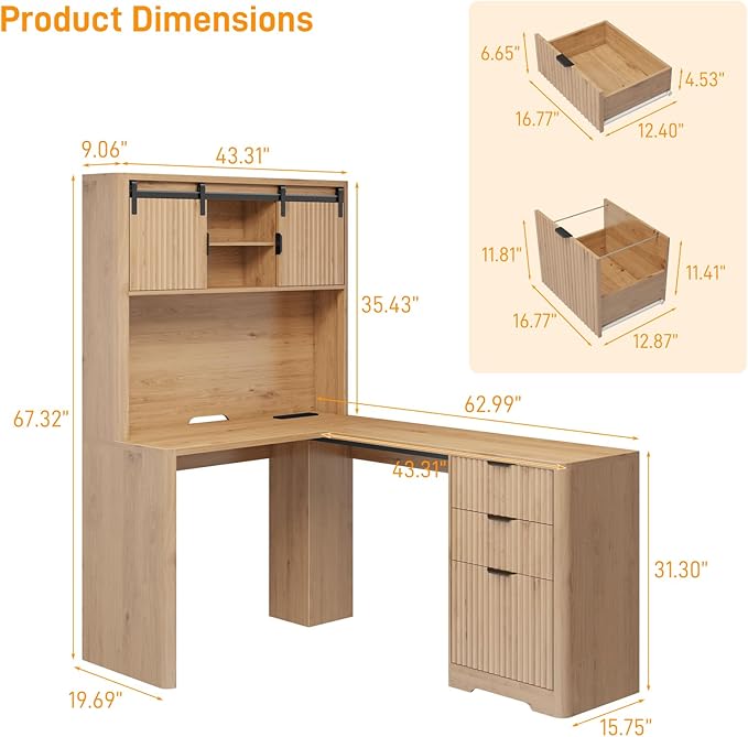 68 L Shaped Fluted Desk with HutchOffice Table with 3 Drawers and Sliding Doors Executive Desk with File Drawers and Charging StationLight Strips Wood Workstation for Home OfficeOak