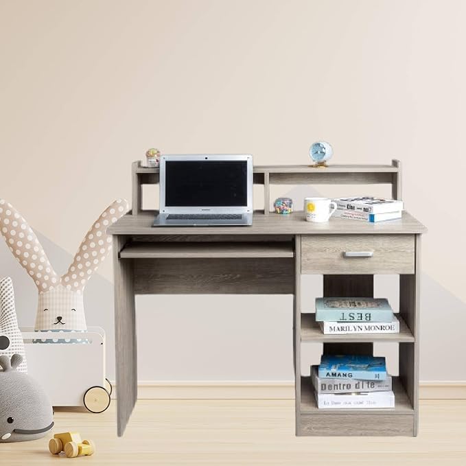 Gray Particleboard Computer Desk with Storage Shelves Modern Office Desk Computer Table Studying Writing Desk Workstation with Bookshelf and Shelf for Home Office  Desk with Side Shelf 110x50x95CM