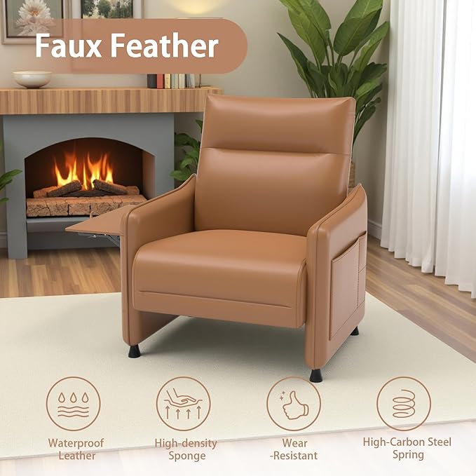 PU Leather Accent Chair Set Mid-Century Modern Living Room Armchair Sofa Descending Armrest Flip-Up Table Storage Pouch Rubber Feet for Living RoomOffice