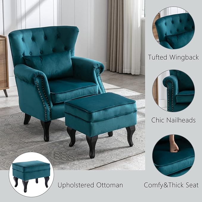 Mid Century Modern Accent Chair Upholstered Armchair Comfy Velvet Tufted Wingback Single Sofa with Ottoman for Bedroom Living Room Teal