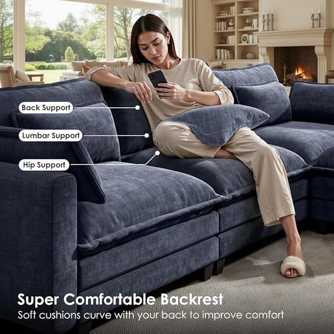 Marsail Modular Sectional Sofa 110.6 U-Shaped Modern Comfy Cloud Couch 5-Seat Chenille Deep Seat Sofa with Throw Pillow &amp Movable Ottoman for Living Room Bedroom and Apartment Navy Blue