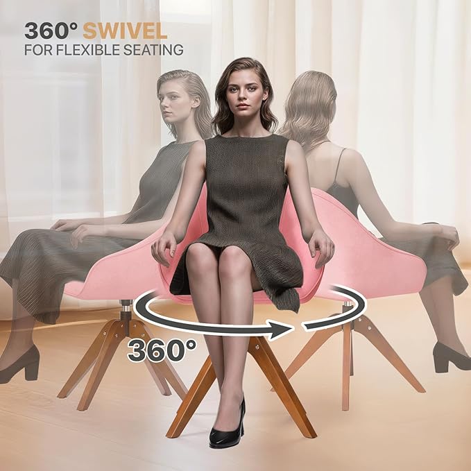 Magshion Mid Century Swivel Accent Chair Set of 2 360° Rotating Fabric Armchair with Oak Wood Legs Modern Reading Chair for Living Room Bedroom Office or Study Pink