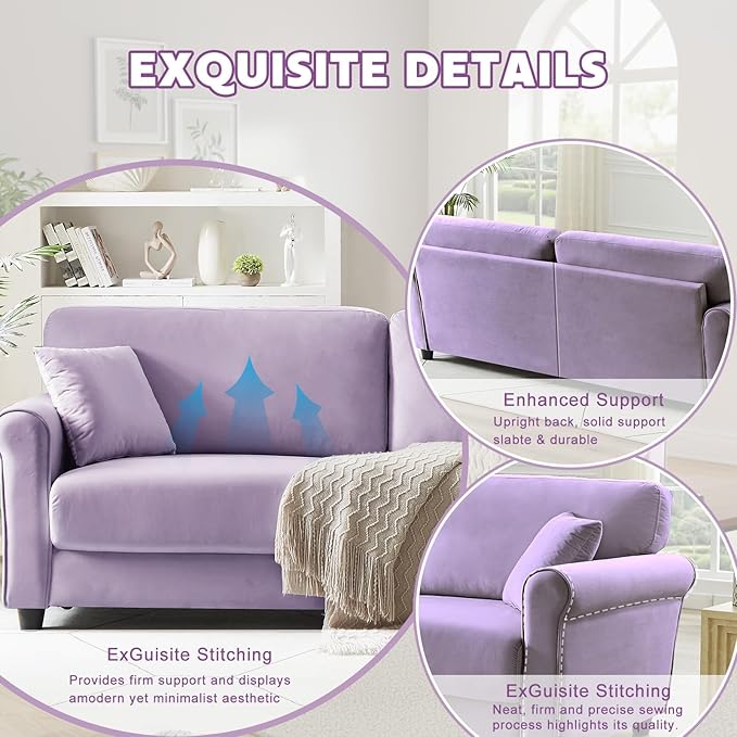 83 Sofa CouchSmall Modern LoveseatLove Seat with 2 SeaterVelvet Loveseat SofaSmall Couch for Living RoomBedroomOffice (Light Purple)